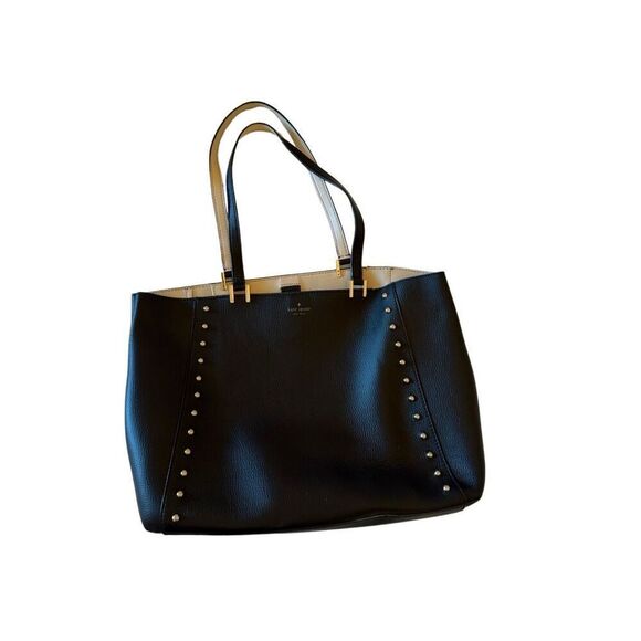 Kate Spade Womens Black Dual Top Handles Gold-Tone Studded Leather Tote Bag